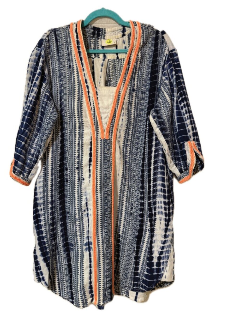 Size S Solito.  Shibori Tie Dye Mini Dress or Swim Cover, Funky Contrast Trim
